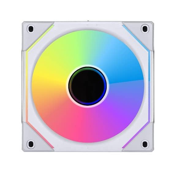 Ein Computerlüfter mit regenbogenfarbenem Zentrum und weißem quadratischem Rahmen. Es hat eine schwarze Mitte und Befestigungslöcher.