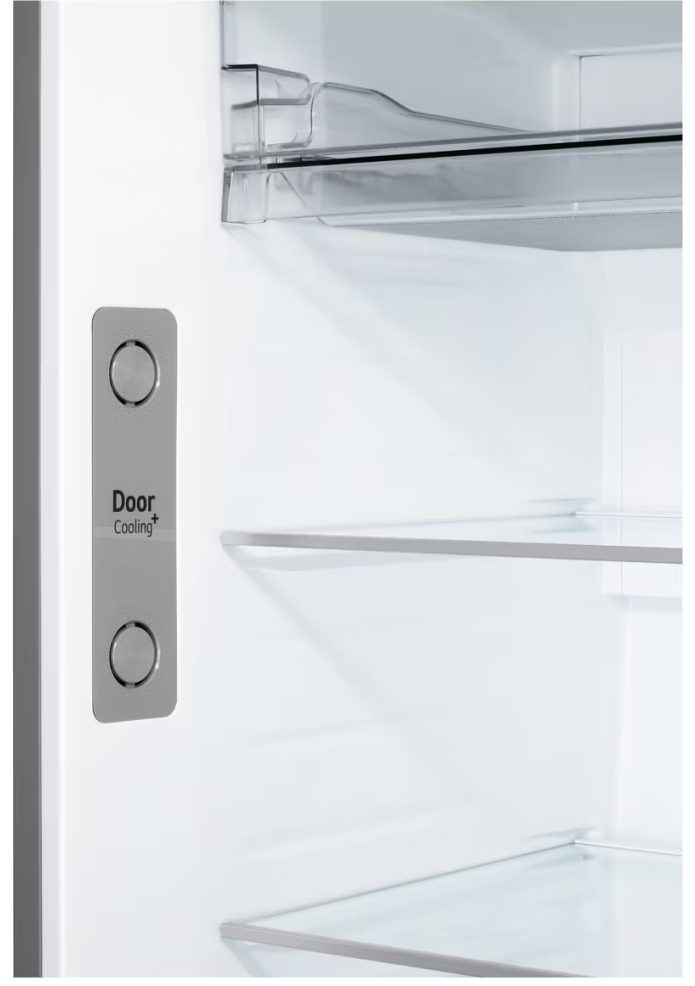 Hűtőszekrény belseje, polcokkal és ajtó funkciókkal. Az ajtón egy 'Door Cooling+' feliratú vezérlőpanel látható.
