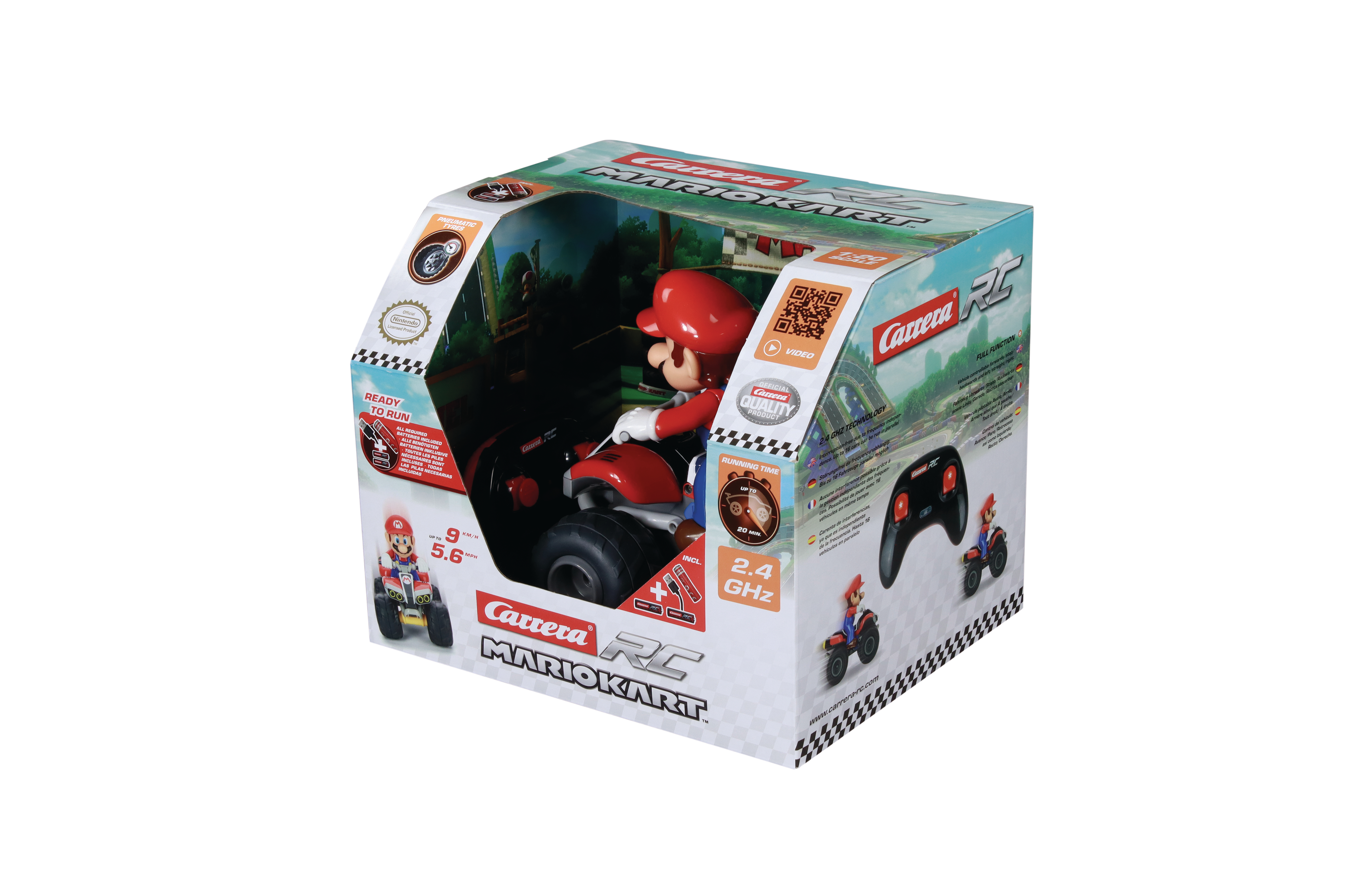 Verpacktes Carrera RC Mario Kart Spielzeug. Mario sitzt in einem roten Kart. Die Box hat Grafiken und Text.