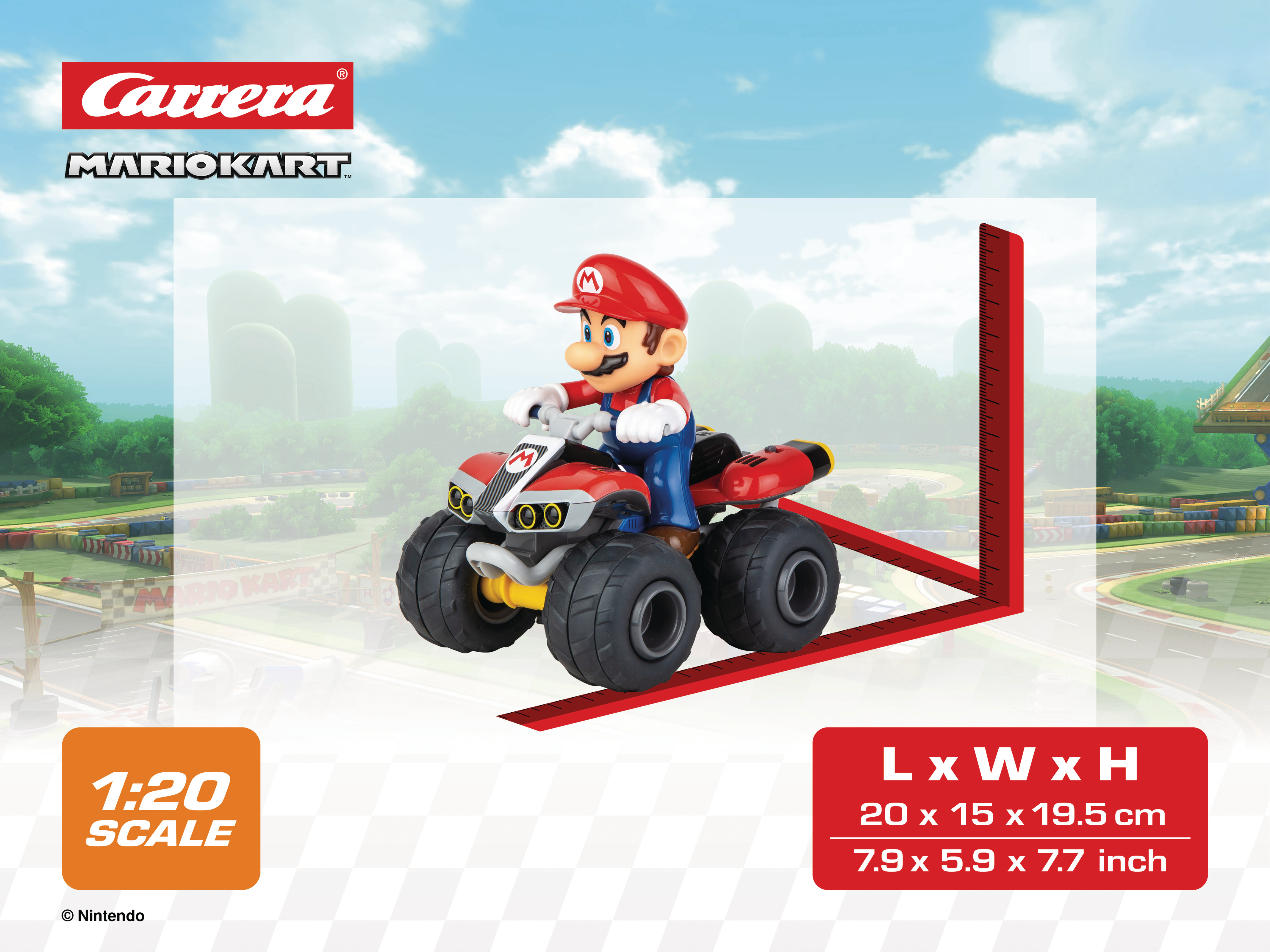 Mario auf einem roten Quad. Das Carrera-Logo steht oben. Der Hintergrund zeigt eine Rennstrecke.