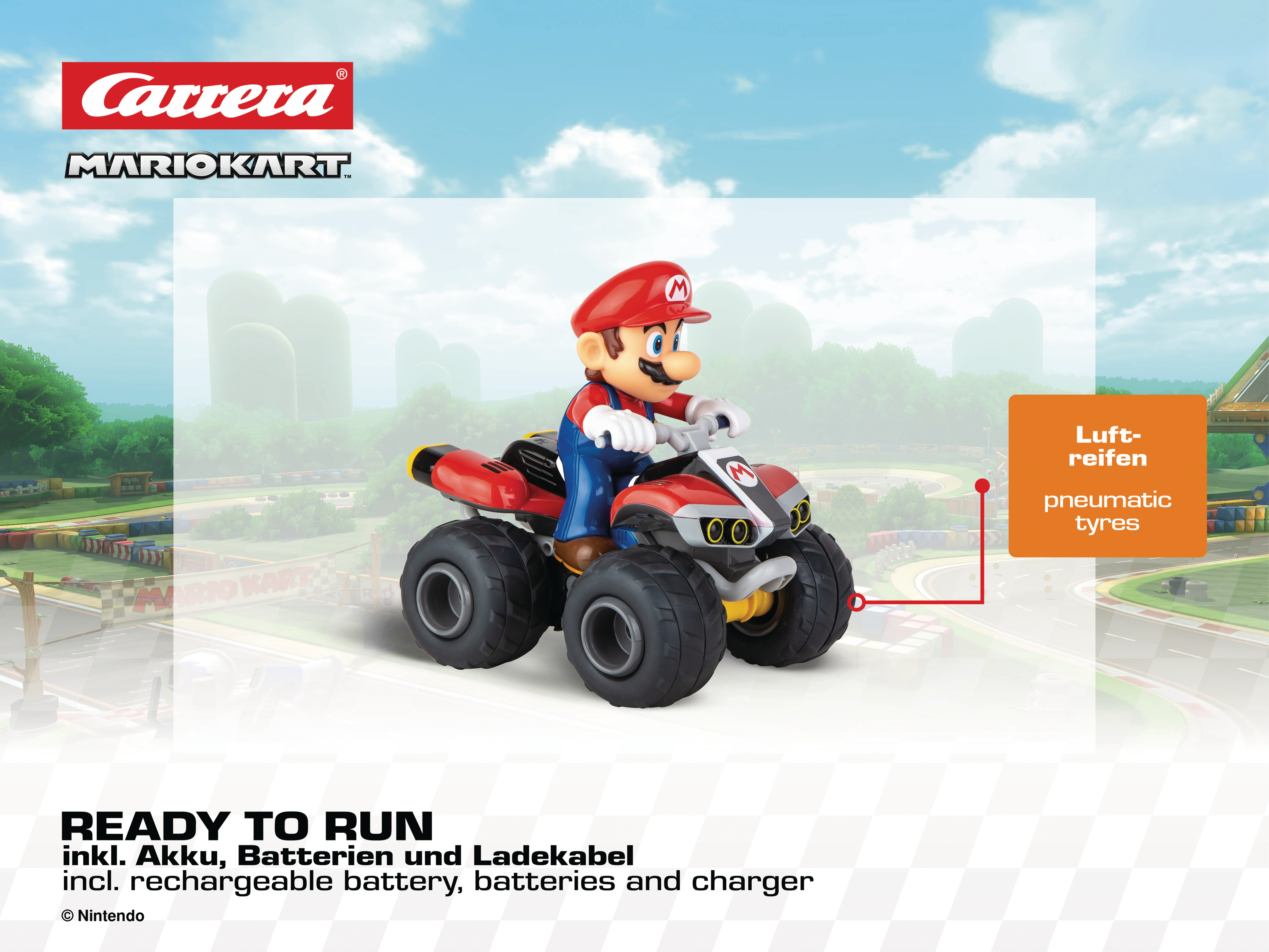 Mario auf rotem ATV, schwarze Reifen, auf einer Rennstrecke. Der Hintergrund zeigt einen Himmel und das Carrera Mario Kart Logo.