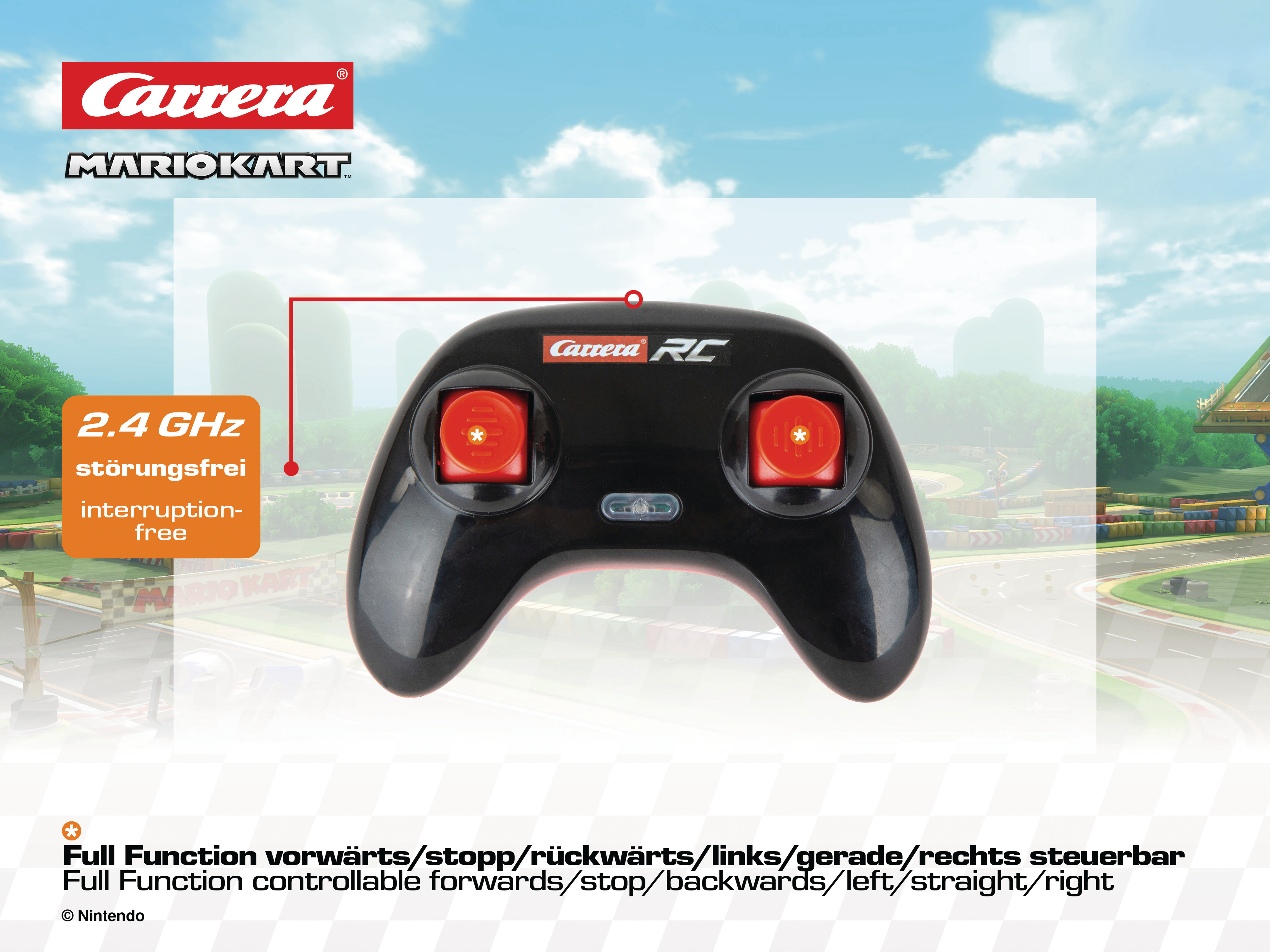 Schwarze Carrera RC-Steuerung mit roten Knöpfen. Mario Kart-Strecke im Hintergrund. Das Logo ist sichtbar.