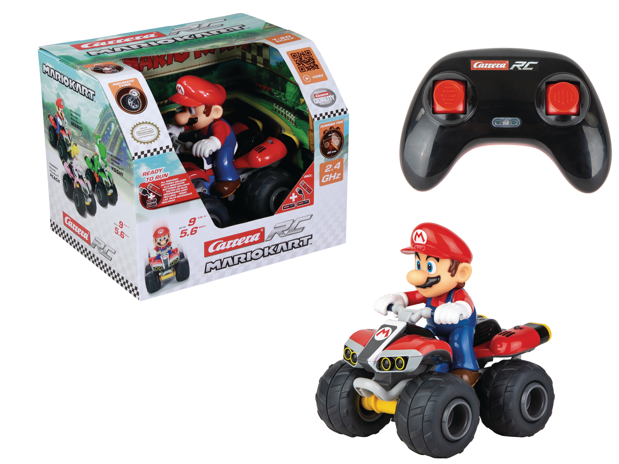 Ein Carrera RC Mario Kart Spielzeugset. Enthält ein Spielzeugauto mit Mario-Figur, eine Fernbedienung und die Schachtel.