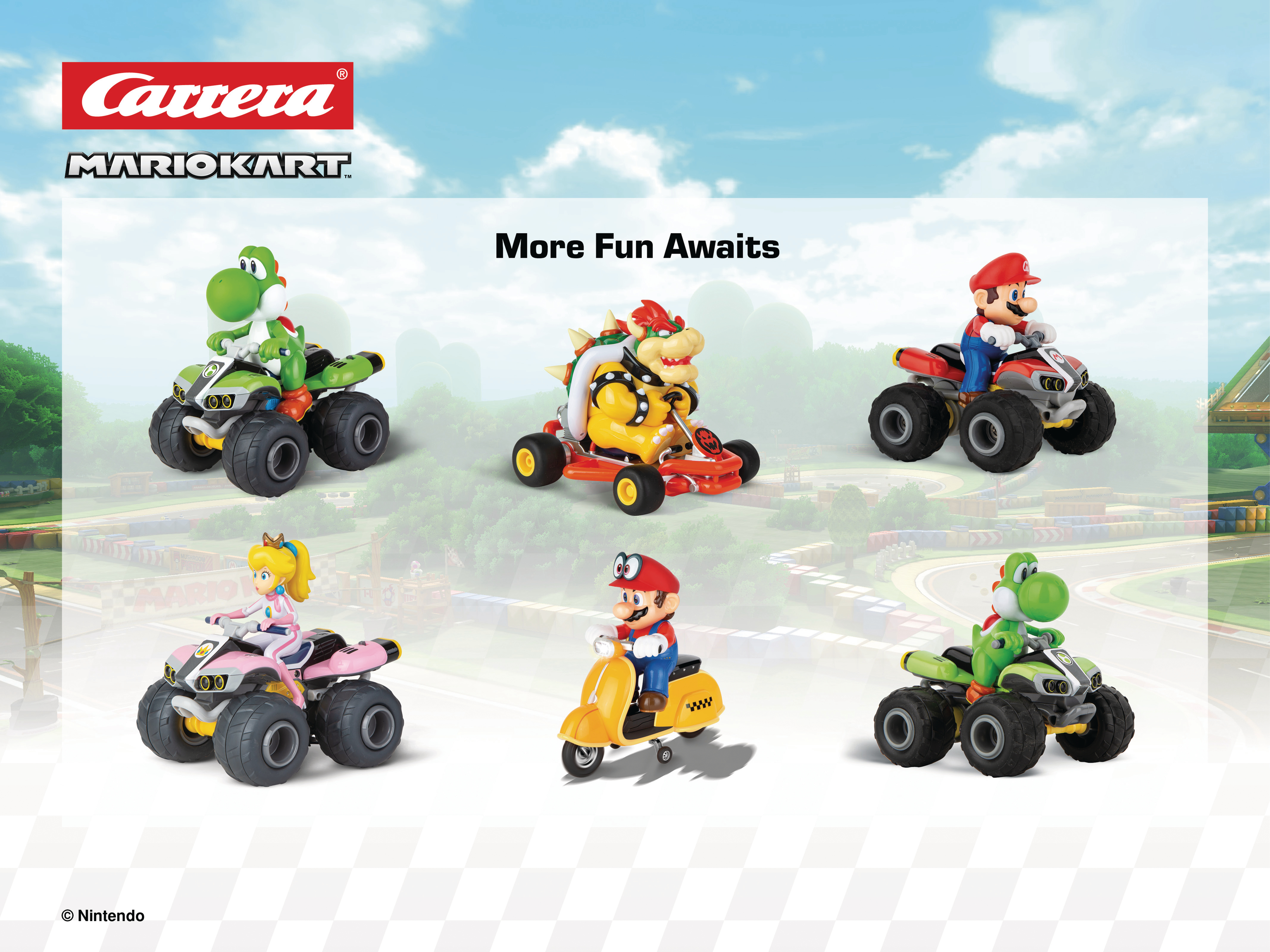 Das Bild zeigt Mario Kart-Charaktere auf Spielzeugfahrzeugen. Yoshi, Bowser, Mario, Peach und andere sind auf blauem Grund zu sehen.