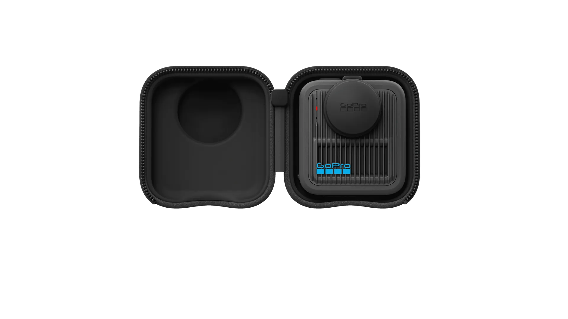 Estuche de carga GoPro negro, abierto, con logo GoPro. Contiene una unidad de carga y un compartimento vacío.