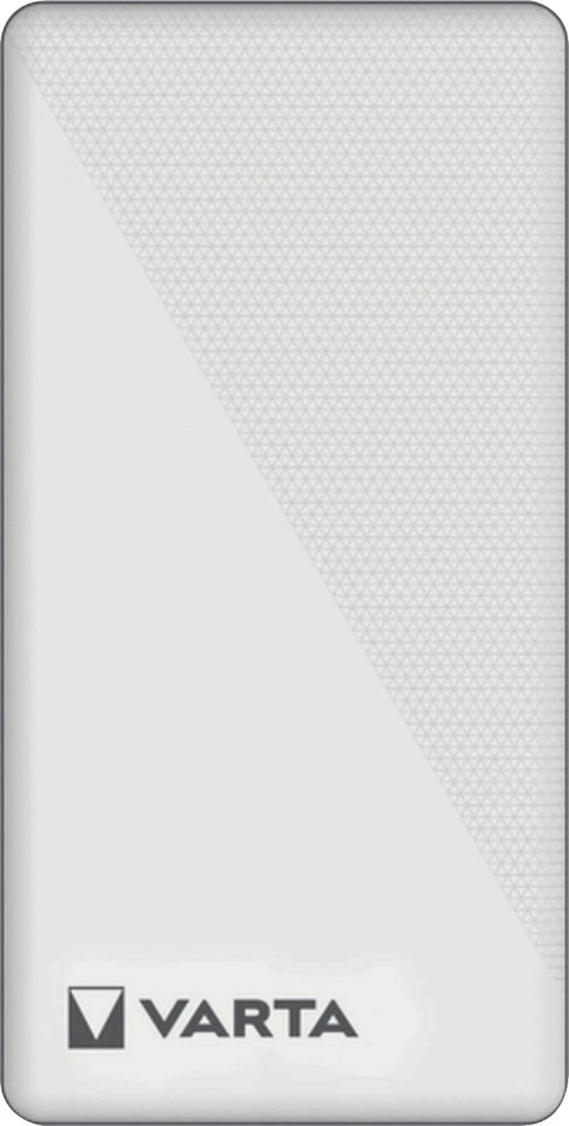 Fehér téglalap alakú power bank átlósan mintázott résszel. Alul a VARTA logó.