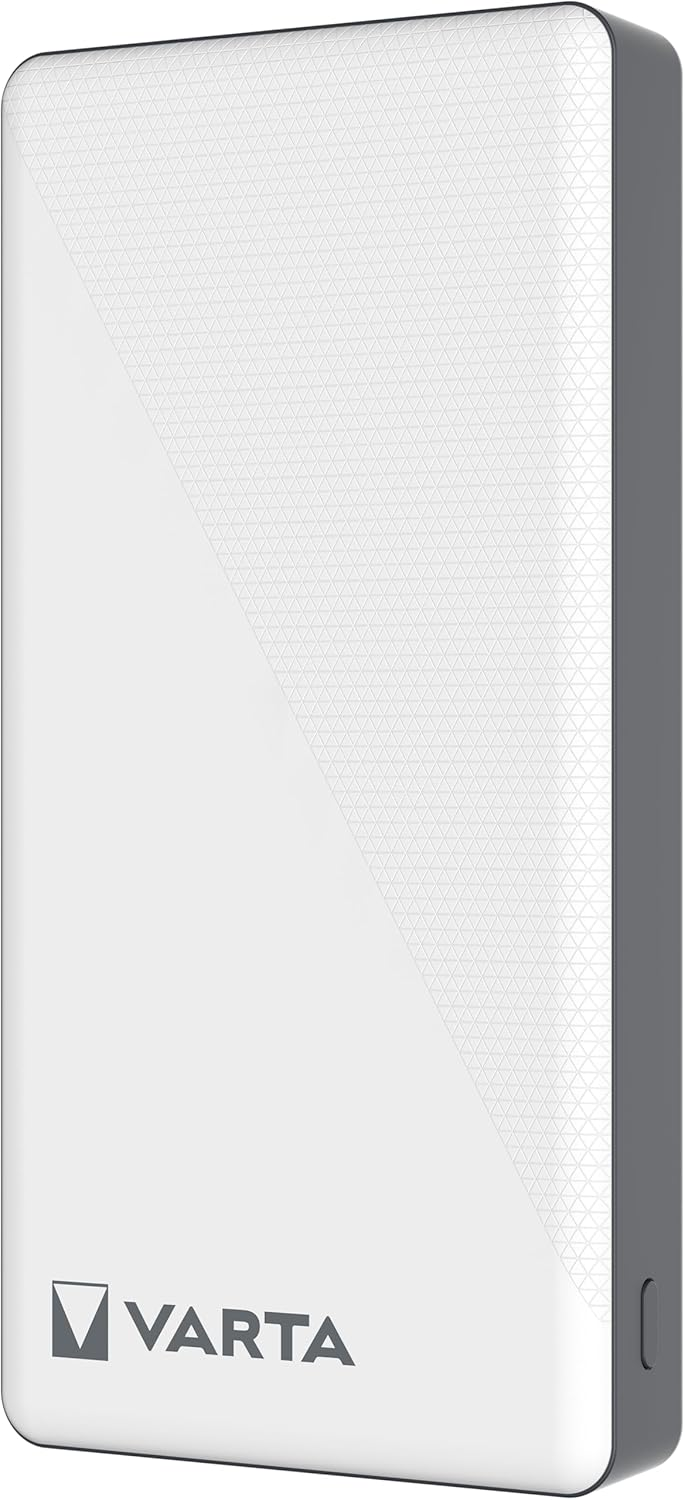 Fehér és szürke Varta power bank. Az elején háromszög minta látható. A Varta logója balra lent található.