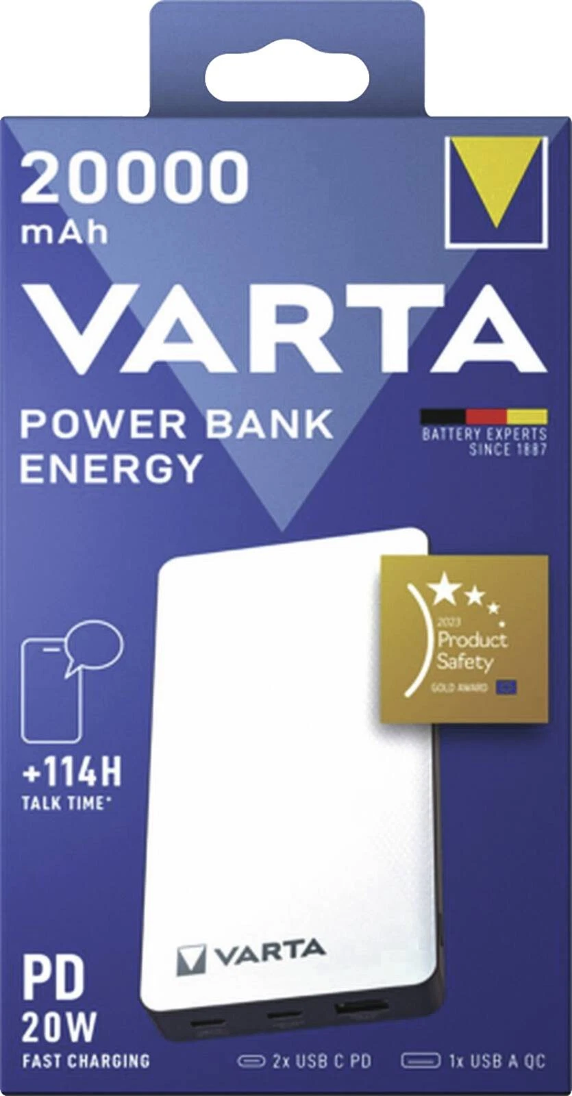 Egy Varta power bank csomag látható. Fehér színű, a Varta logóval. A csomagolás kék, fehér szöveggel.