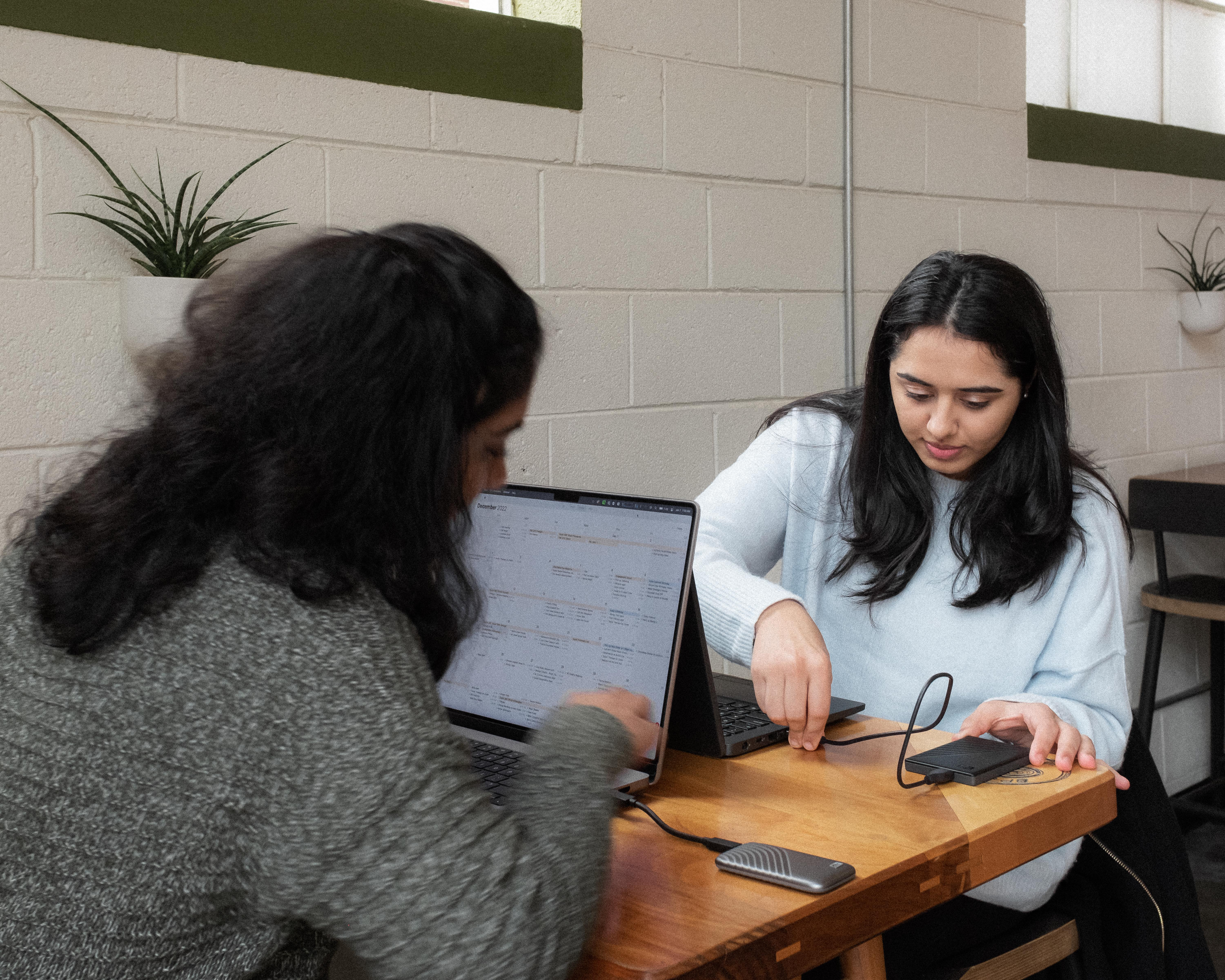 Zwei Frauen an einem Tisch mit Laptops. Eine schließt eine Festplatte an. Pflanzen und eine Backsteinmauer im Hintergrund.