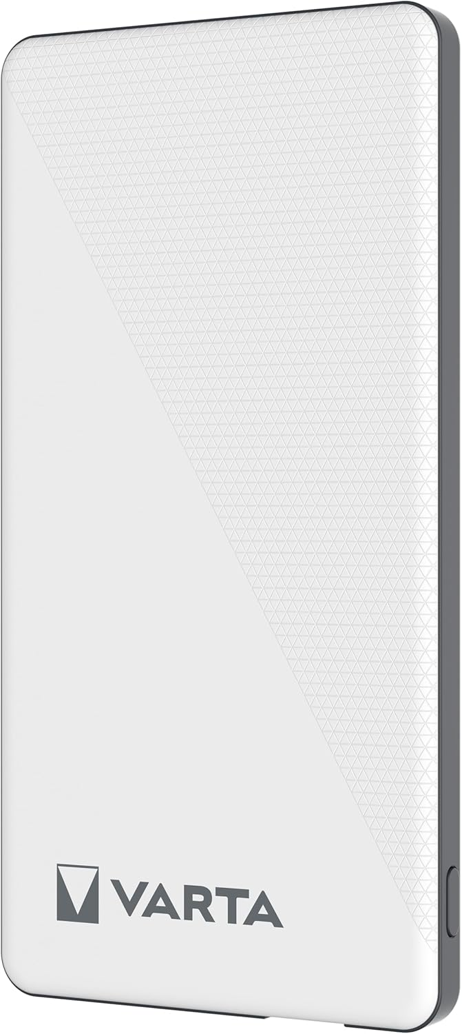 Fehér VARTA power bank, geometriai mintával a jobb felső sarokban. Szürke élek és VARTA logó alul.