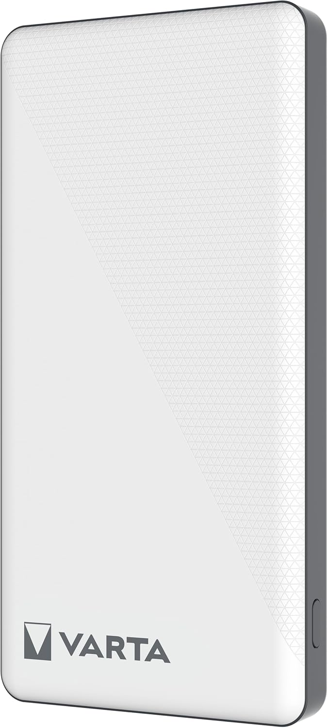 Egy fehér Varta power bank texturált háromszög mintával. Az oldala szürke, a Varta logója alul található.