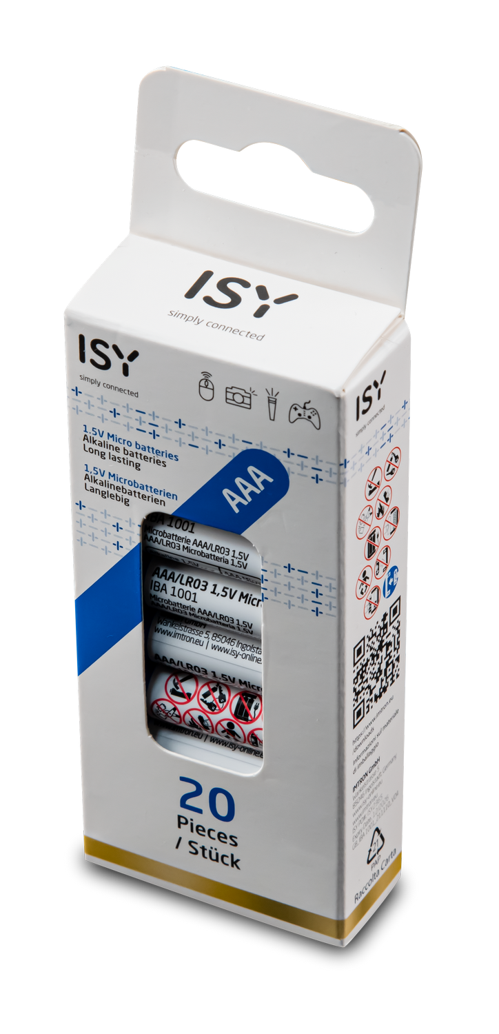 Caja de pilas ISY AAA. Caja blanca con detalles azules, contiene 20 pilas. Texto incluye especificaciones y información de la empresa.