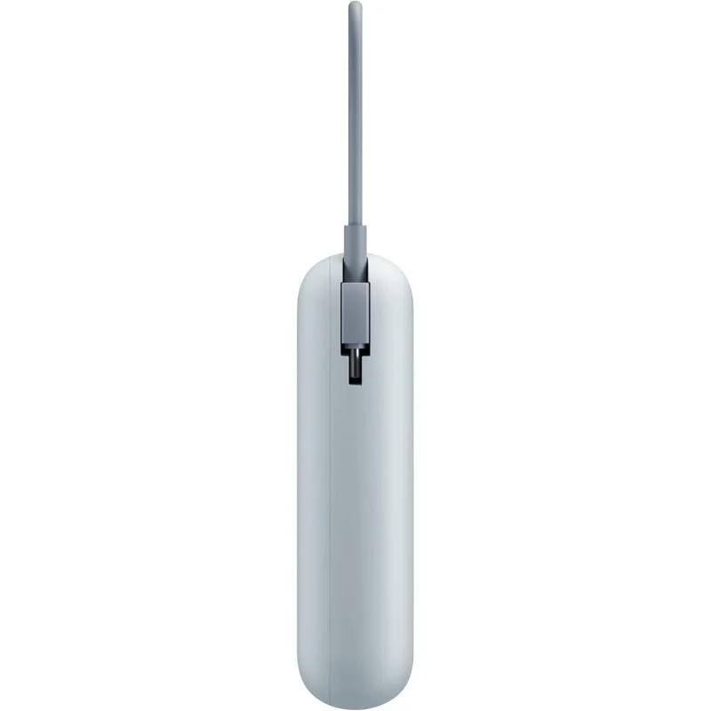 Un dispositivo cilíndrico blanco con una antena gris y un pequeño conector gris en la parte superior. Fondo blanco.