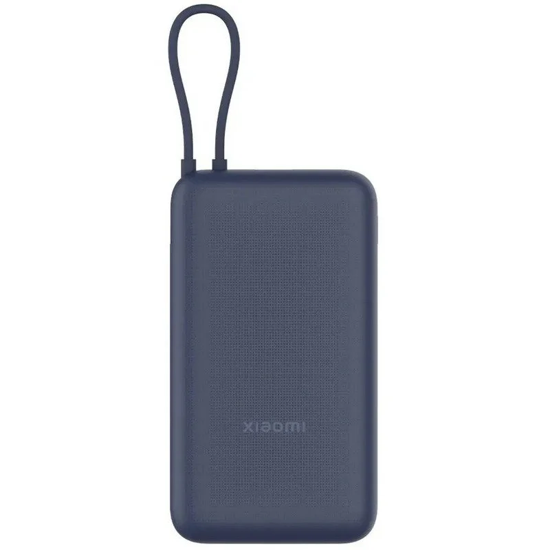 Un power bank Xiaomi azul marino con un lazo. El power bank es rectangular con superficie texturizada y el logo Xiaomi.