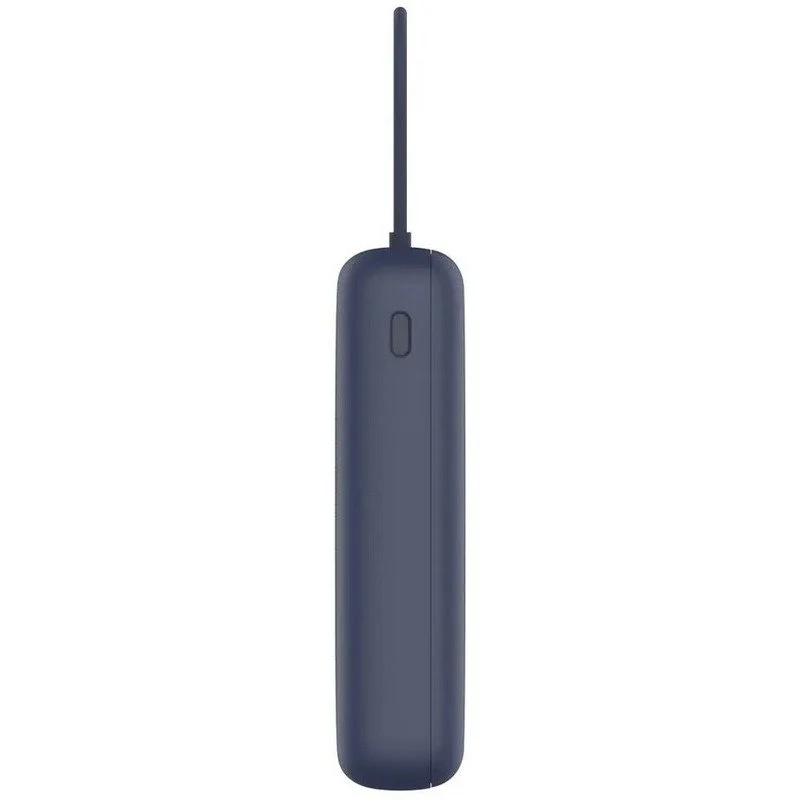 Un dispositivo azul rectangular con un pequeño botón y una antena delgada que se extiende hacia arriba. El dispositivo está sobre un fondo blanco.