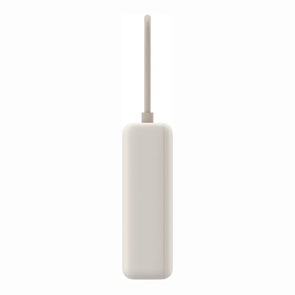 Un dispositivo rectangular blanco con una antena gris que se extiende hacia arriba. El dispositivo está sobre un fondo blanco.