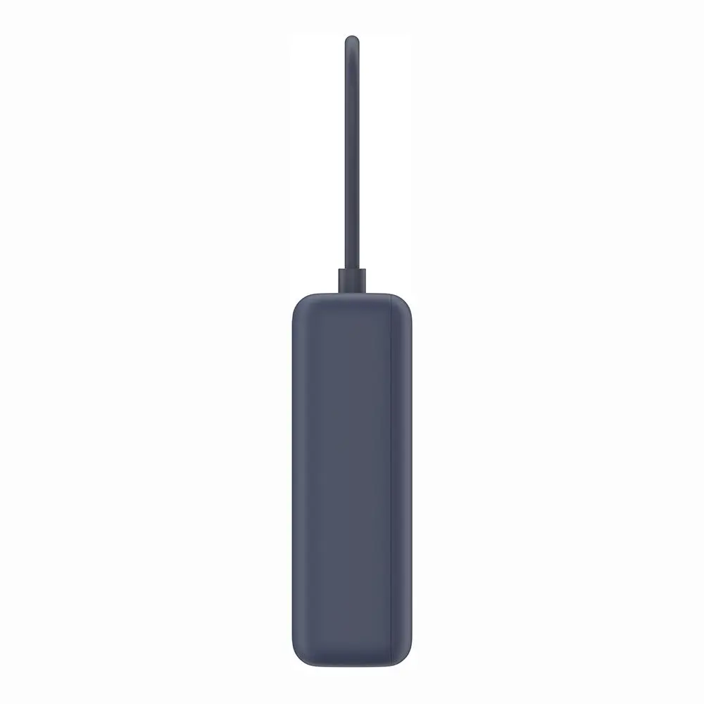 Un dispositivo rectangular azul oscuro con una antena delgada que se extiende hacia arriba. El dispositivo está sobre un fondo blanco.