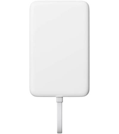 Un dispositivo blanco y rectangular con esquinas redondeadas y un asa corta y rectangular en la parte inferior, sobre un fondo blanco.