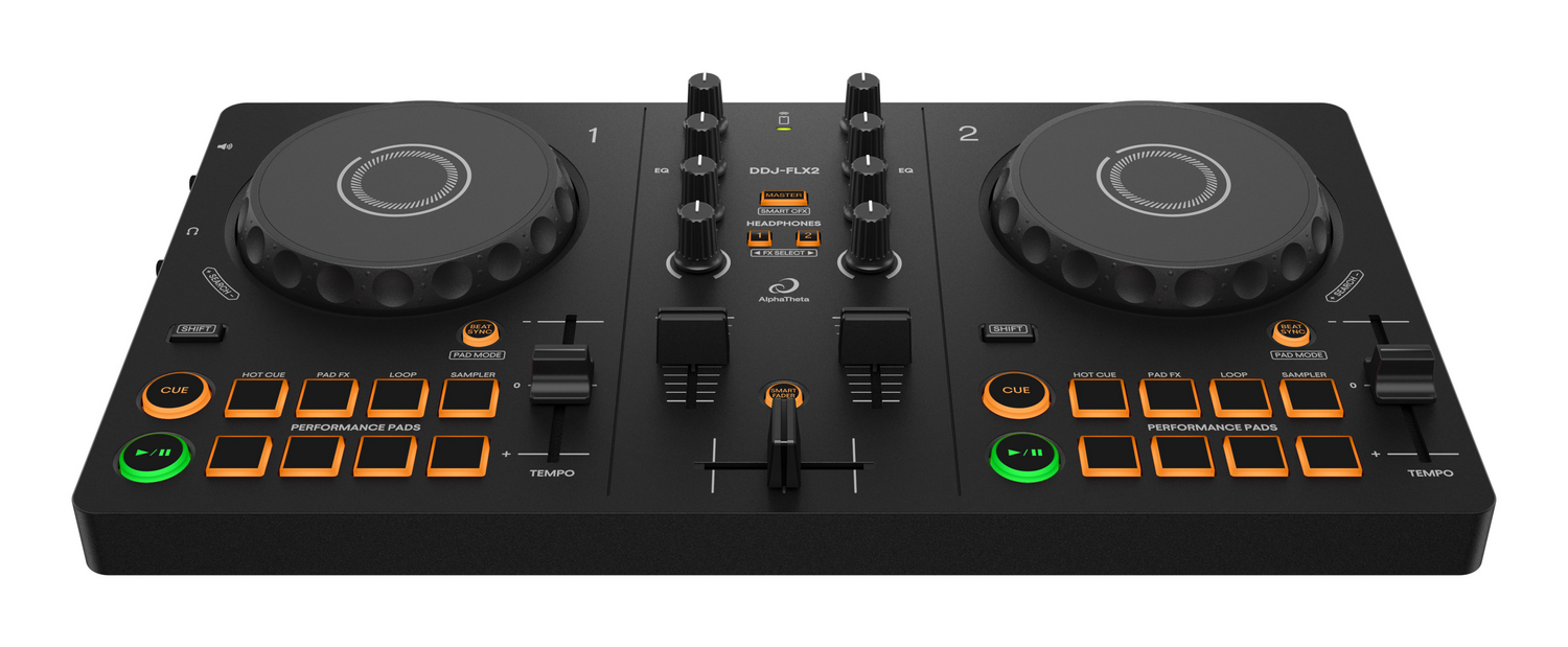 Controlador de DJ negro con dos platos, botones, perillas y una sección de mezclador central, etiquetado DDJ-FLX2.