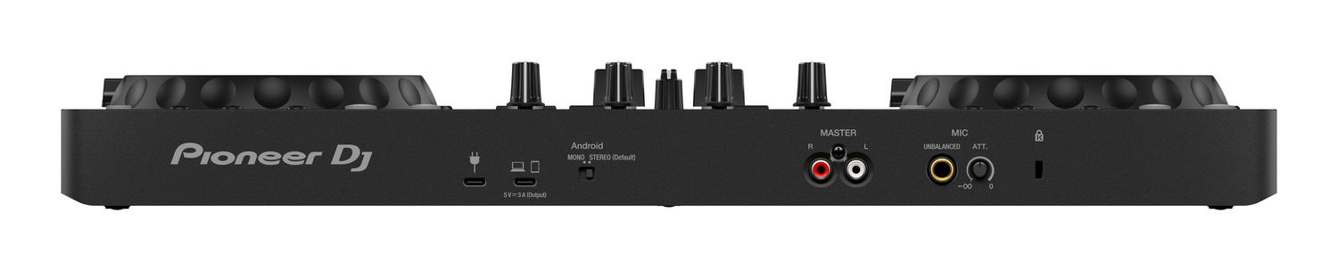 Mezclador Pioneer DJ negro con perillas, puertos y etiquetas. Incluye entrada Android y salida máster.
