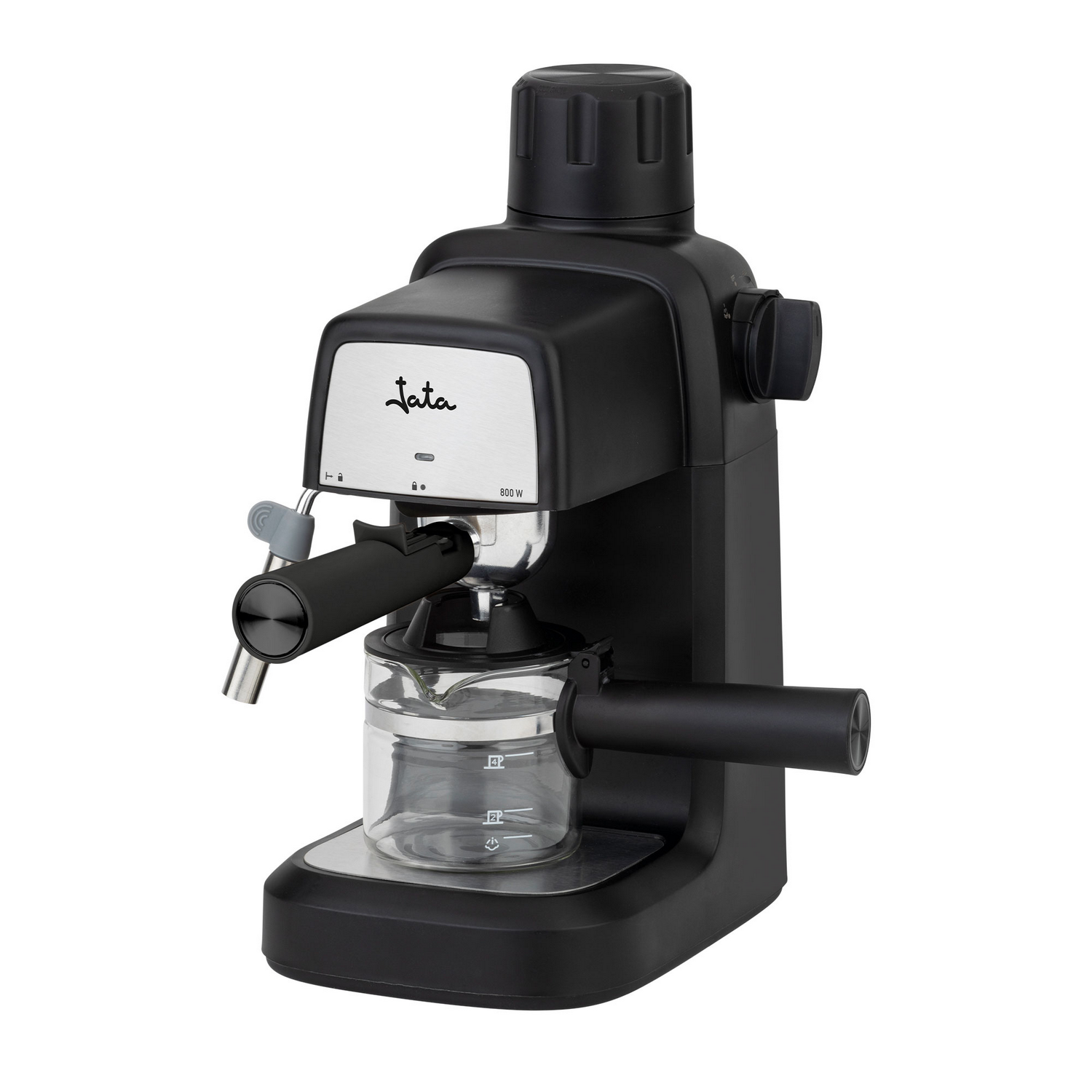 Máquina de espresso Jata negra. Cuenta con una jarra de vidrio, detalles plateados y negros y un dial superior. Aislado sobre fondo blanco.