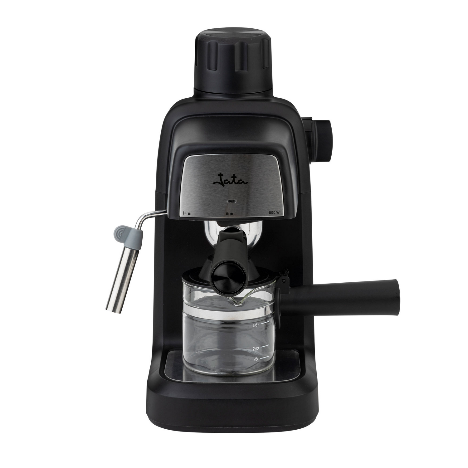 Máquina de espresso Jata negra. Cuenta con una jarra de vidrio, una varilla de vapor plateada y un mango. El logotipo de la marca es visible.