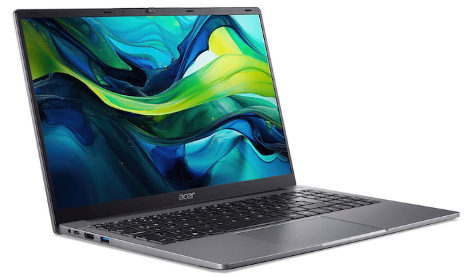 Una computadora portátil Acer gris está abierta. La pantalla muestra un diseño abstracto colorido. El teclado es negro.