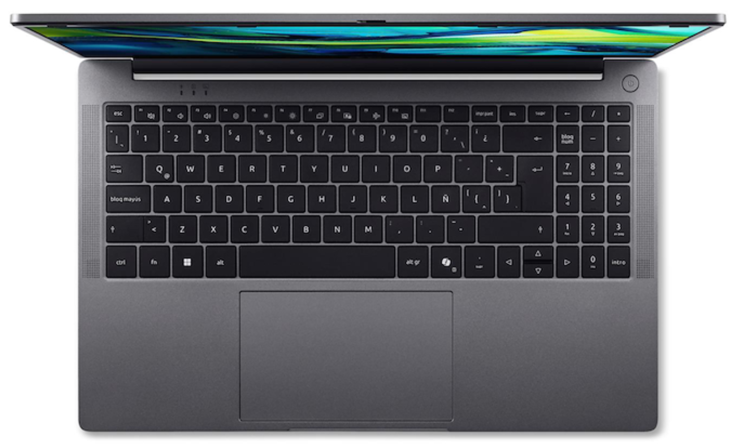 Vista superior de un portátil gris. El teclado es visible, con teclas etiquetadas. La pantalla muestra una imagen abstracta colorida.