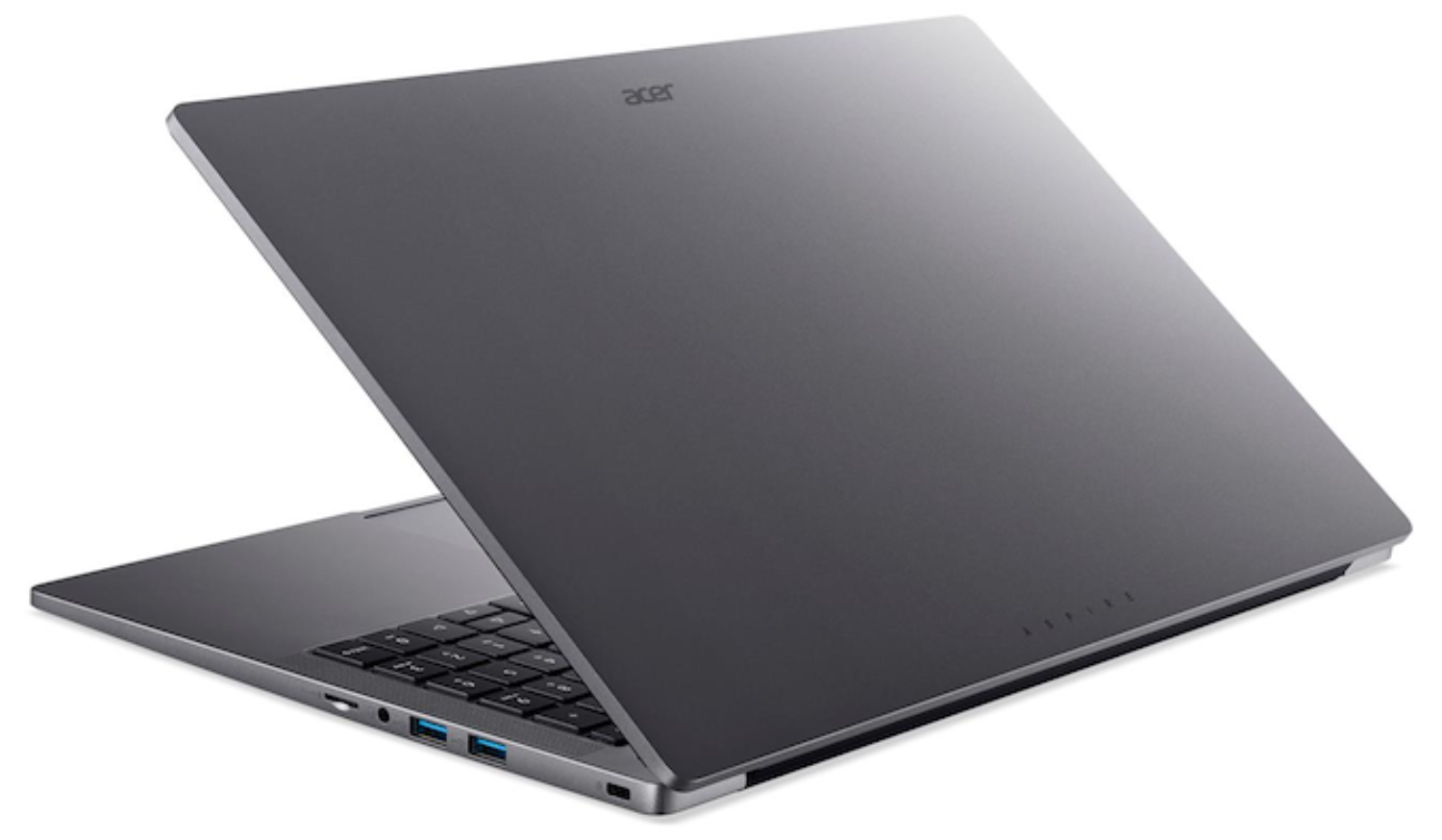 Una laptop Acer Aspire gris está abierta, mostrando el teclado y la pantalla. El logo de Acer es visible. El fondo es blanco.