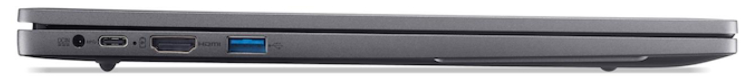 Vista lateral de portátil gris cerrado. Puertos: CC, USB-C, HDMI y USB-A.