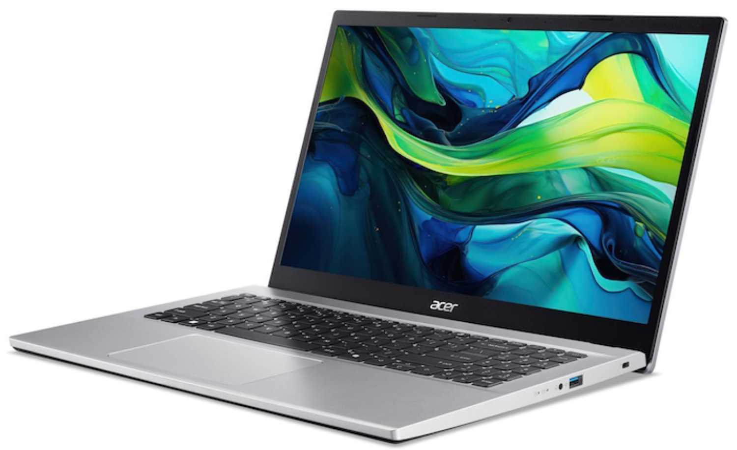 Portátil Acer plateado abierto, la pantalla muestra una imagen abstracta colorida. Teclado visible, logo Acer abajo.