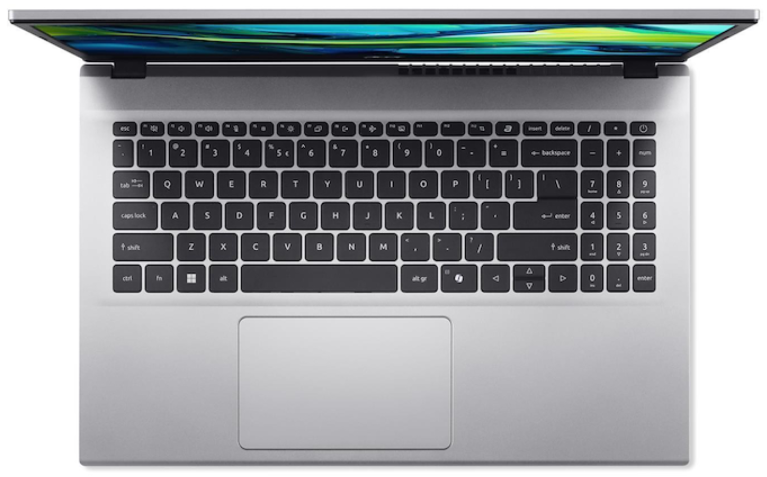 Vista superior de un portátil con la pantalla abierta. Se ve el teclado, con teclas y un panel táctil. La pantalla muestra un patrón colorido.