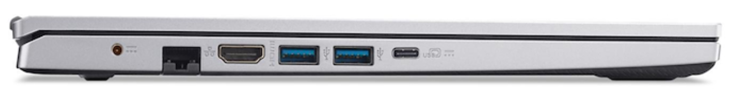 Vista lateral de un portátil plateado. Puertos incluyen alimentación, Ethernet, HDMI, USB y USB-C.