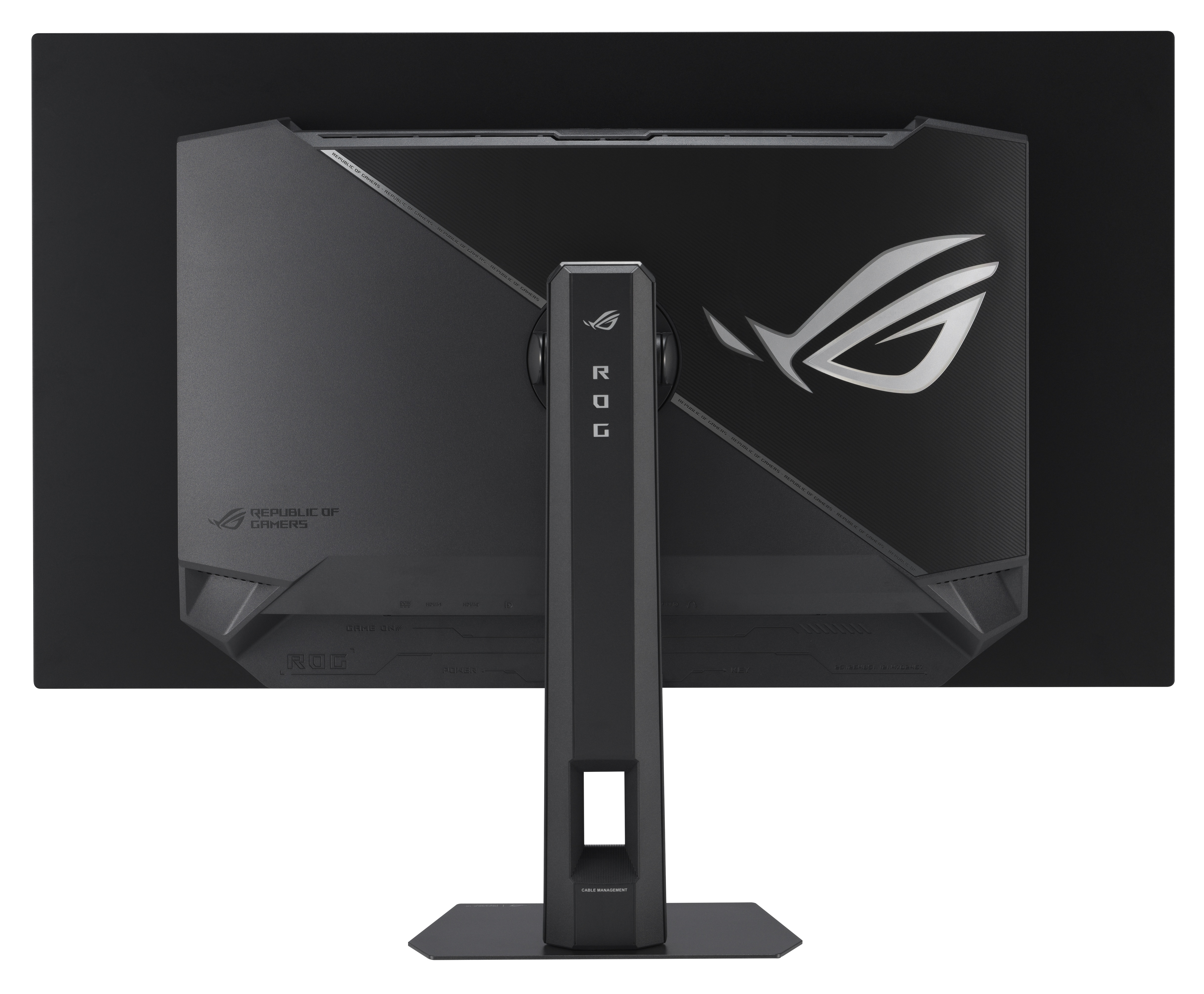 Widoczny jest tył czarnego monitora komputerowego z logo ROG i podstawą.