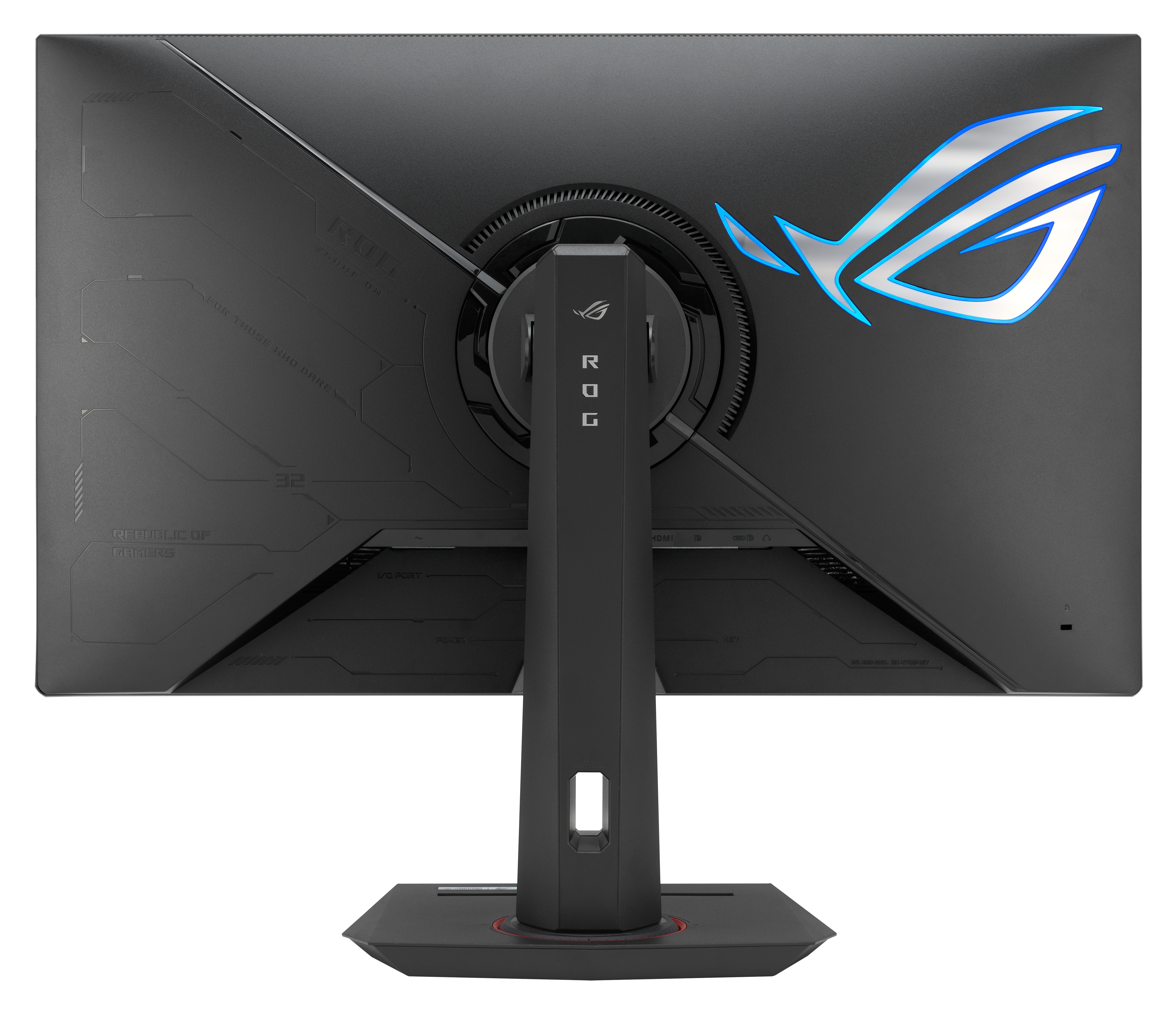 Tył czarnego monitora do gier z podświetlonym na niebiesko logo ROG. Stojak również jest czarny.