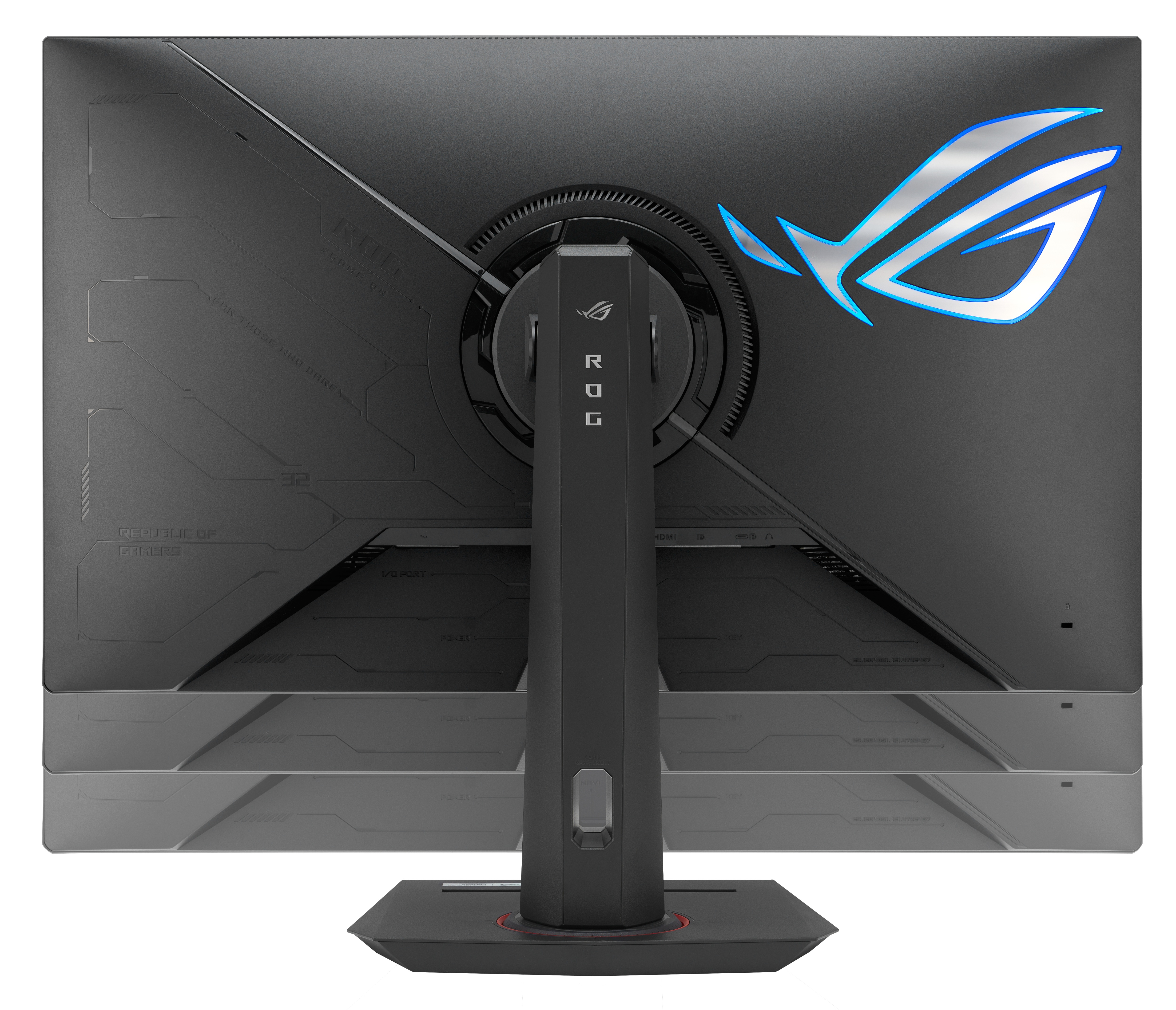 Tył czarnego monitora do gier z podświetlonym na niebiesko logo ROG. Posiada podstawę i różne etykiety portów.