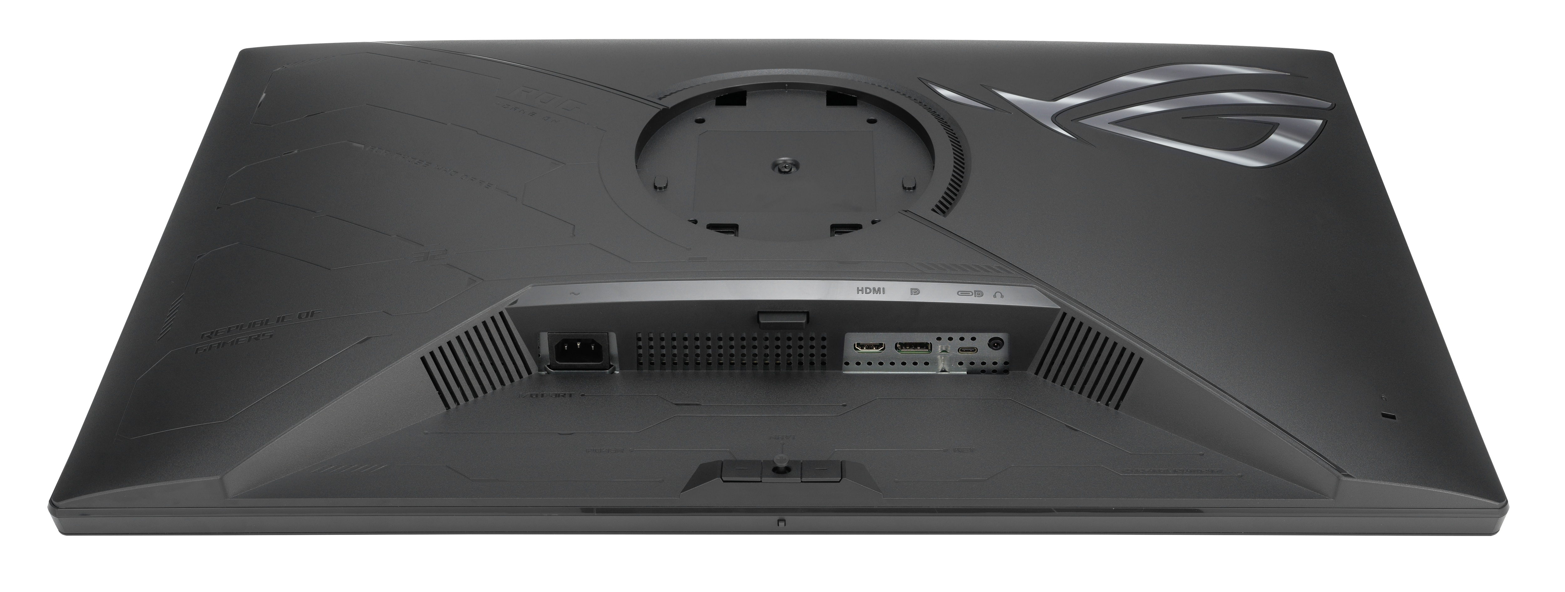 Czarny tył monitora komputerowego z portami i marką. Zawiera zasilanie, HDMI i inne opcje połączeń.