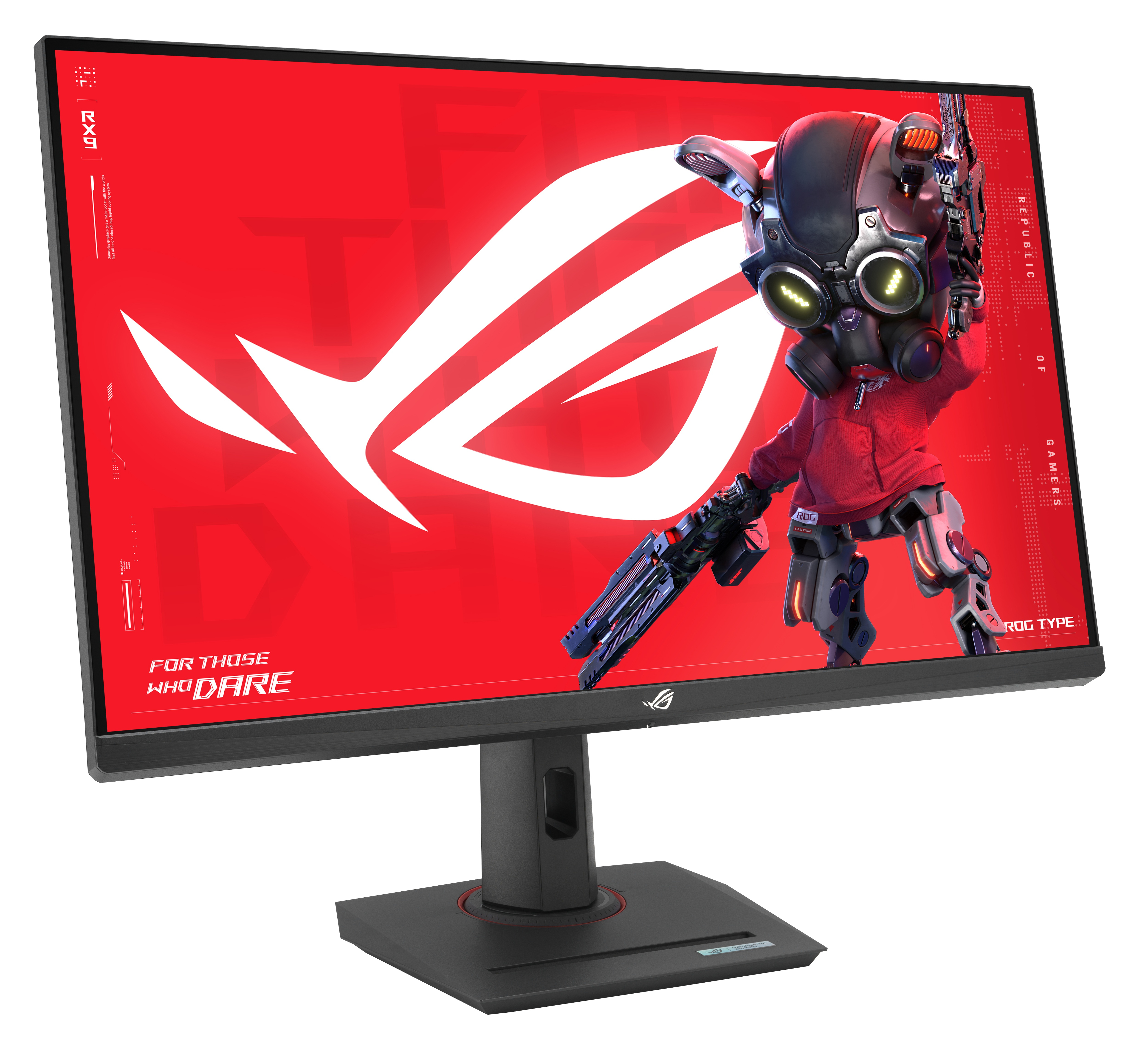 Monitor z czerwonym ekranem, na którym widać robota trzymającego broń. Widoczny jest czarny stojak i podstawa.