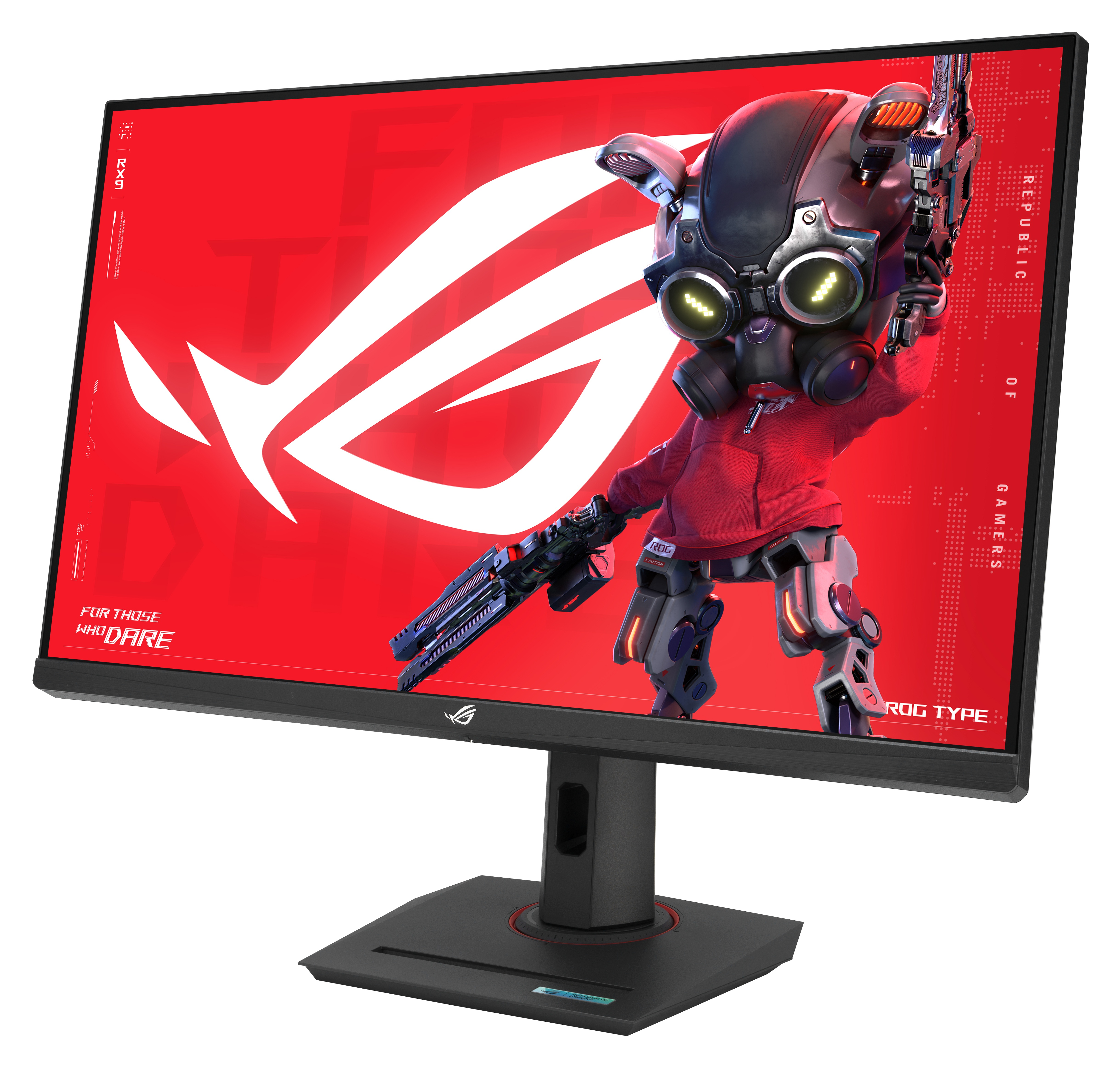 Monitor do gier wyświetla postać robota na czerwonym tle. Monitor jest czarny i stoi na czarnym stojaku.