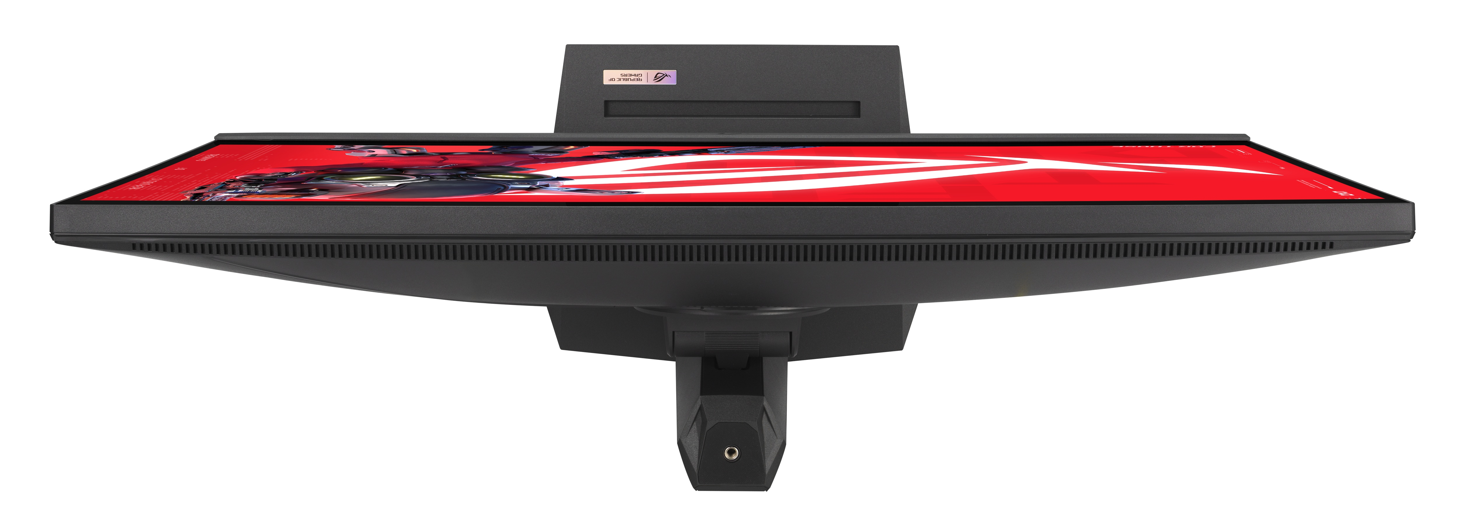 Czarny monitor z czerwonym ekranem, z niskiego kąta. Marka widoczna na górze. Stojak również czarny.