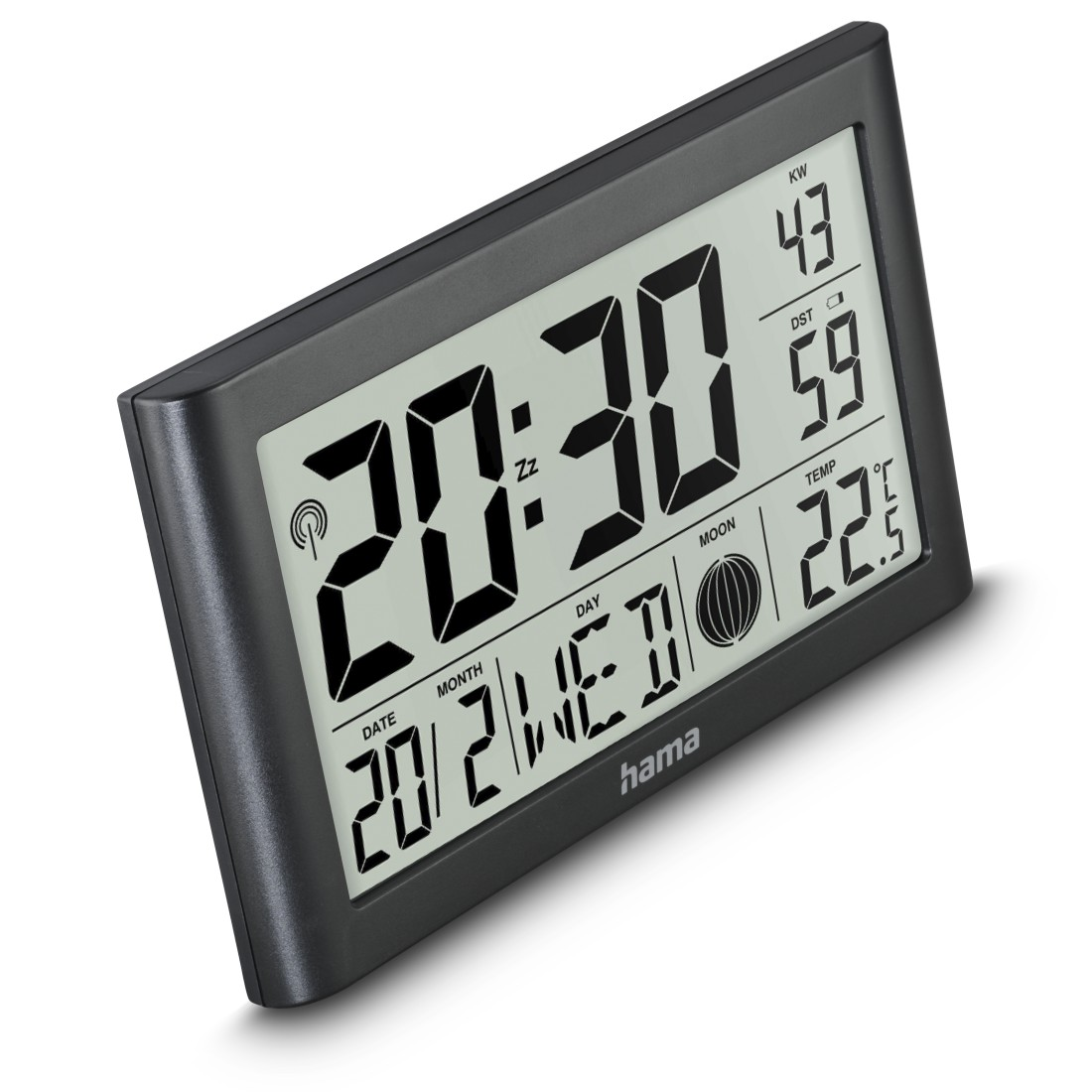 Eine schwarze Digitaluhr zeigt 20:30 Uhr, Datum 20/2/Mi, Temperatur 22,5°C und weitere Informationen auf weißem Hintergrund.