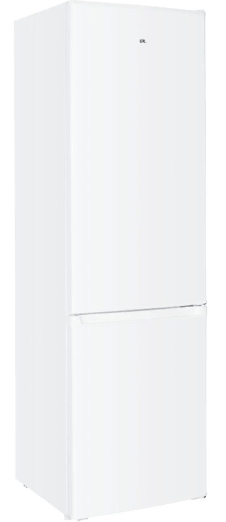 Biała lodówka z zamrażalnikiem na dole. Marka 'ok.' widoczna na górze.