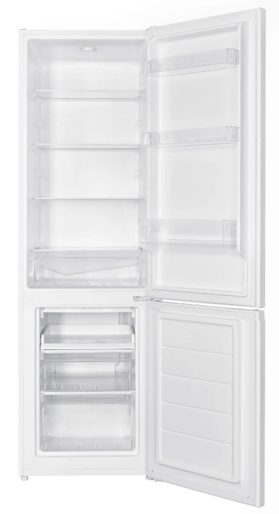 Otwarta biała lodówka z pustymi półkami i przegrodami zamrażalnika. Prawe drzwi uchylone.