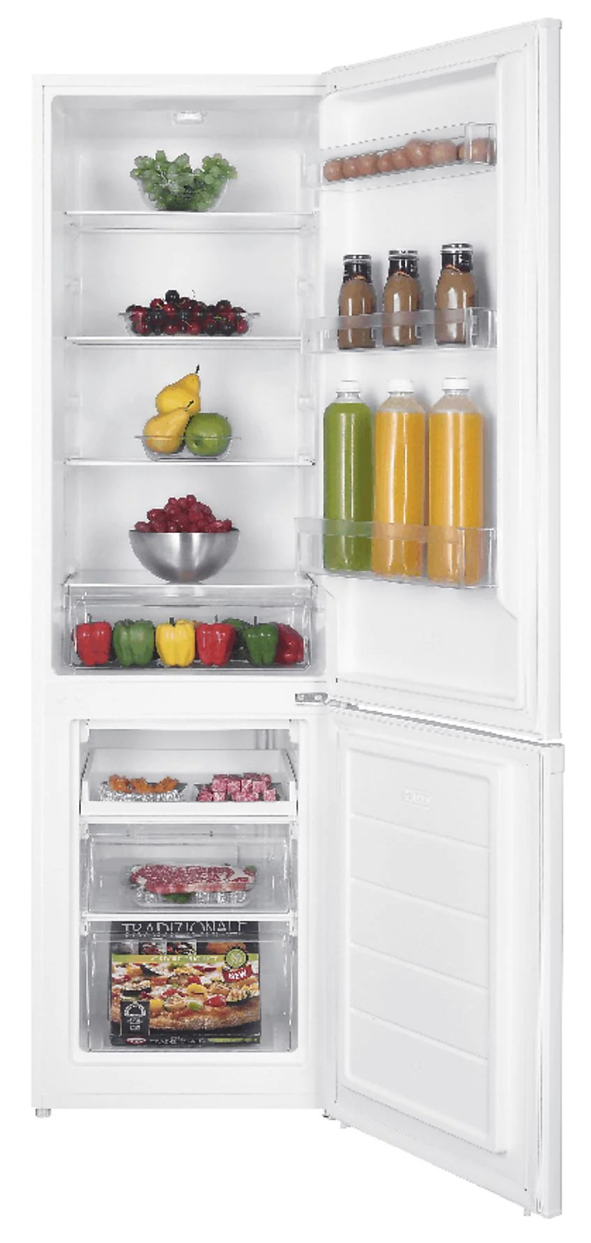 Otwarta biała lodówka wypełniona owocami, warzywami i napojami. Zamrażarka z mrożonkami i pizzą. Zdrowa ekspozycja żywności.