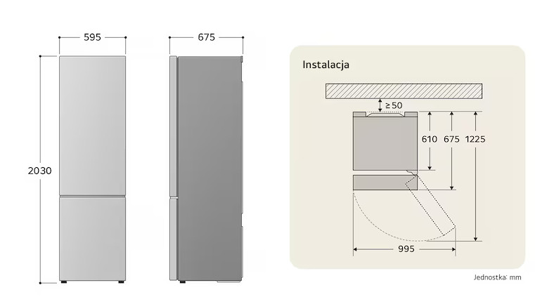 Schemat lodówki z wymiarami i instrukcją montażu. Zawiera widoki z przodu, z boku i szczegóły instalacji.
