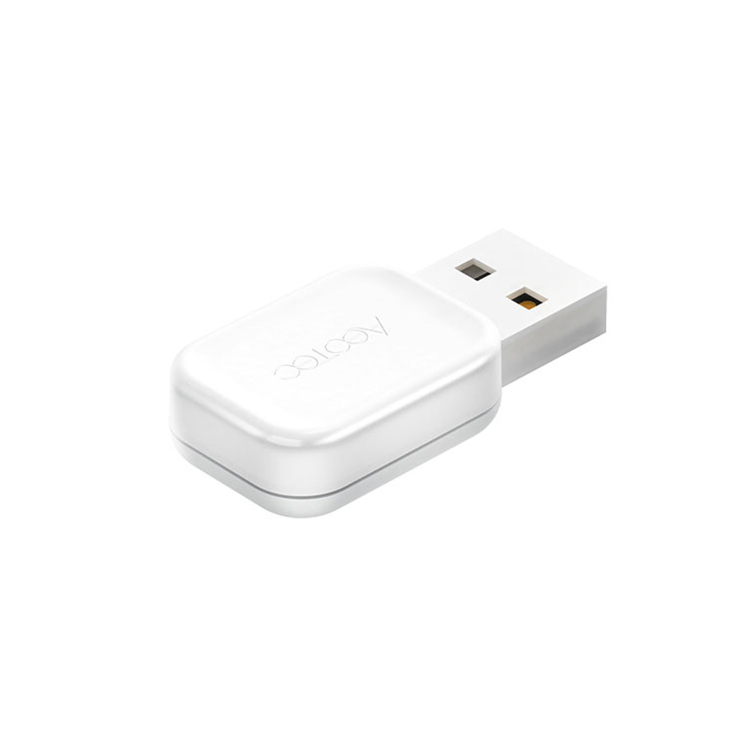 Ein weißer USB-Dongle mit rechteckigem Körper und USB-Anschluss. Der Dongle hat ein Logo.