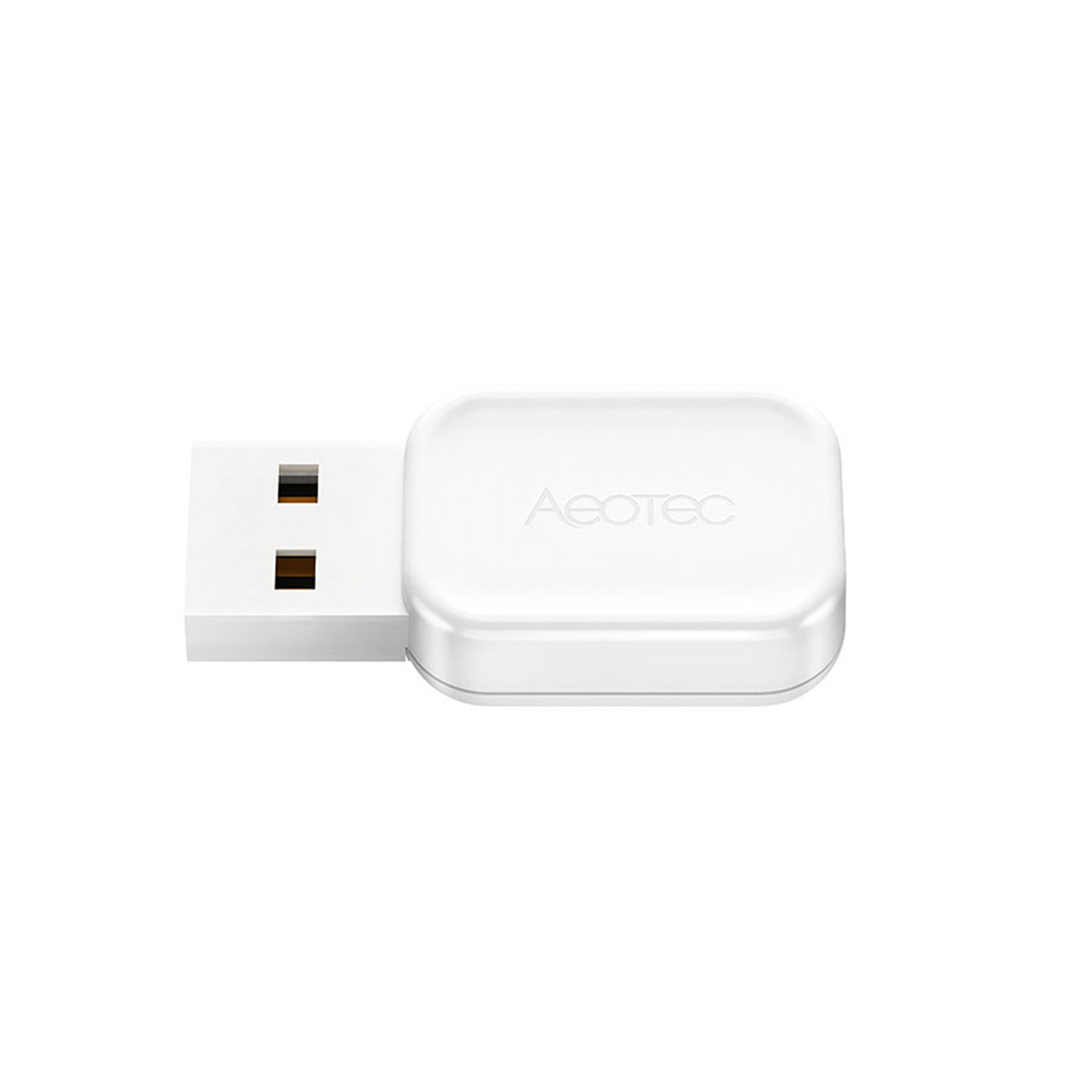 Ein weißer USB-Dongle mit dem Markennamen 'Aeotec' vor einem schlichten weißen Hintergrund.