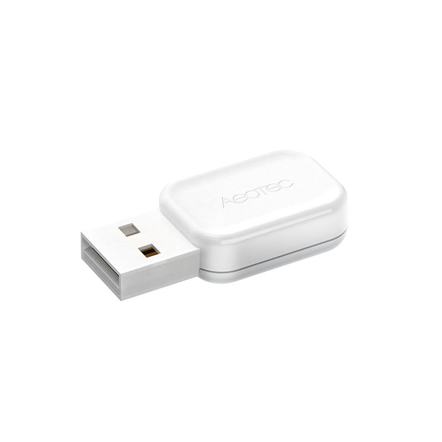 Ein weißes USB-Gerät mit dem Markennamen 'Aeotec' auf einer weißen Oberfläche.