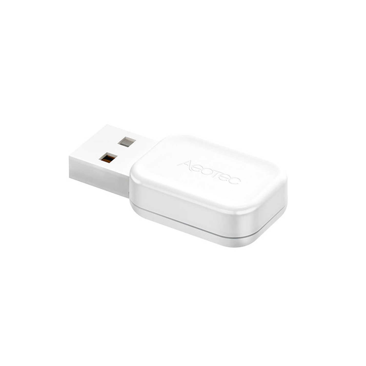 Ein weißes USB-Gerät mit dem Markennamen 'Aeotec' auf weißem Hintergrund.