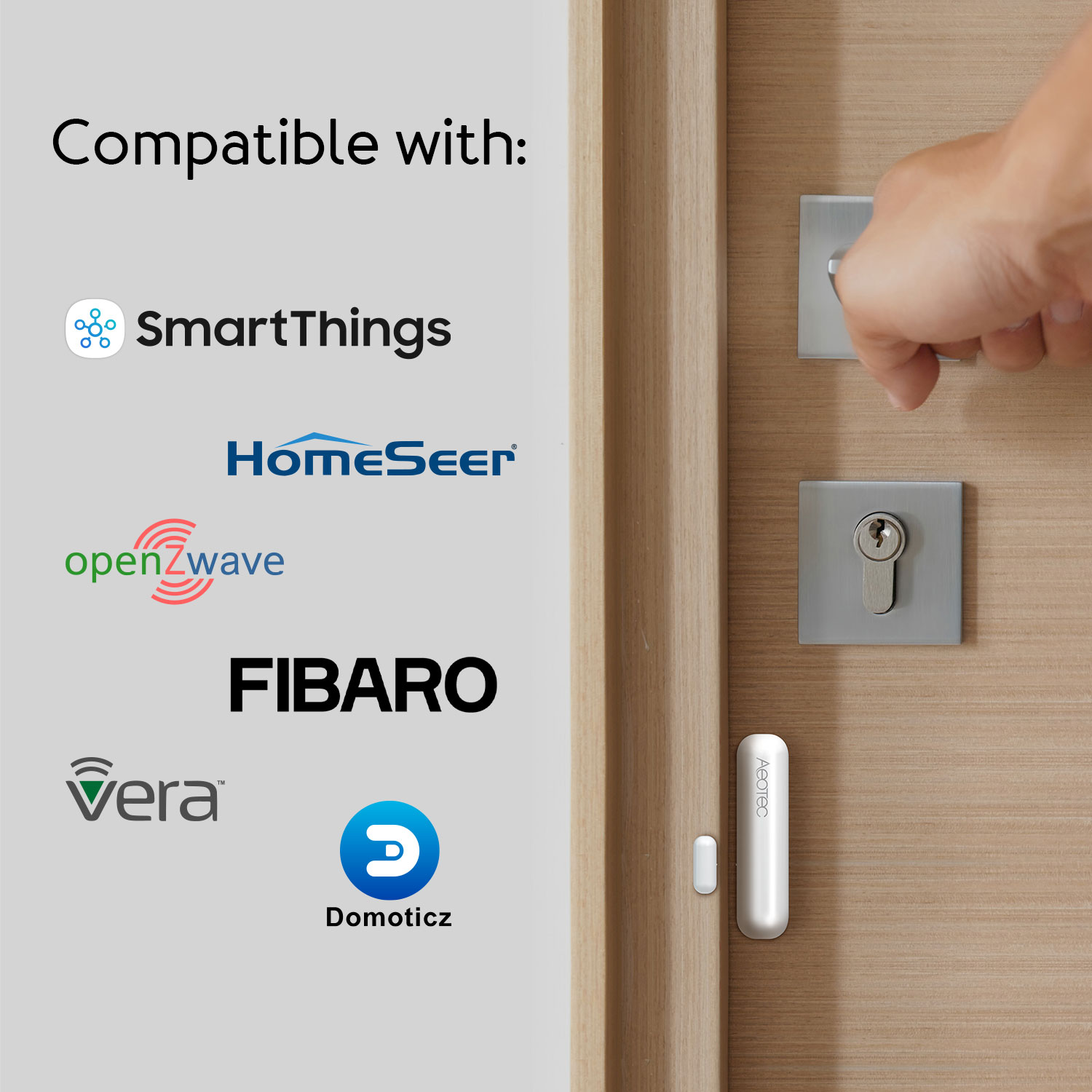 Das Bild zeigt eine Tür mit Schloss und Türsensor. Der Text lautet 'Kompatibel mit' und listet SmartThings, HomeSeer, openZwave, FIBARO, Vera und Domoticz auf.